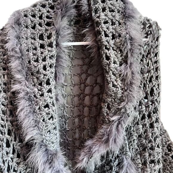 Laseine Crochet Faux Fur Trim Open Front Cardigan Vest Gray Large - Picture 2 of 6